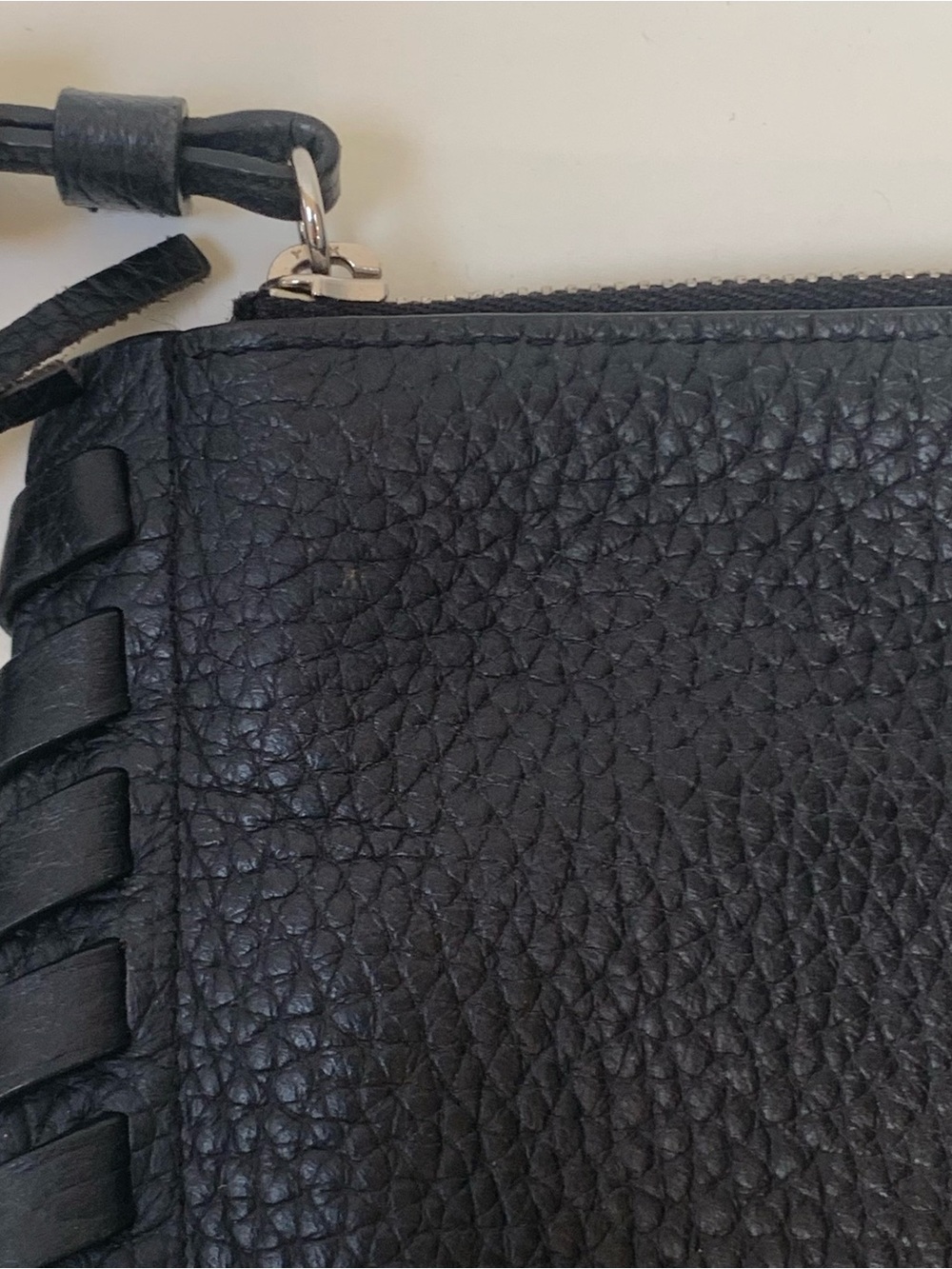 All Saints Black Leather Tassel Zip Clutch Wristlet Pebbled - Picture 3 of 7